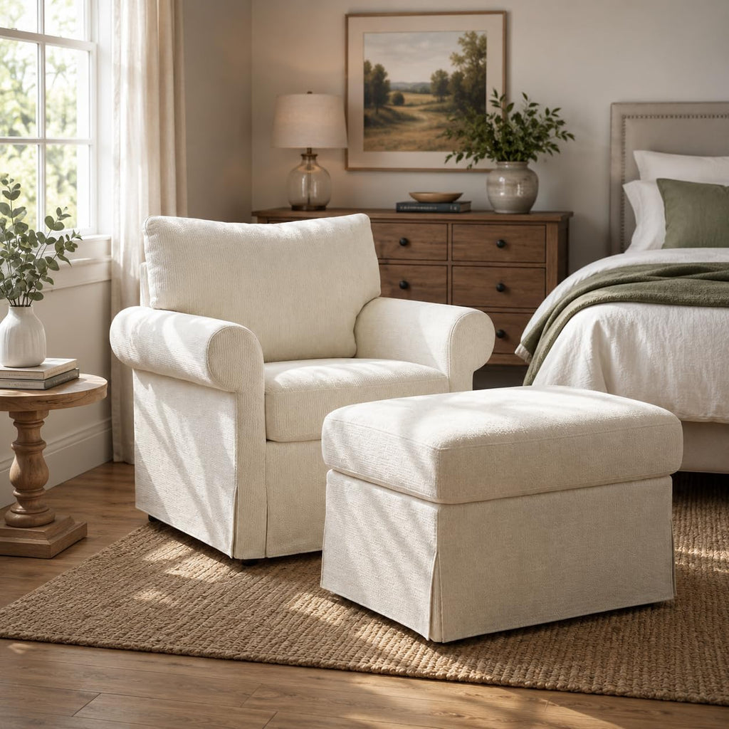 35.82' Accent Chair with Ottoman Set Upholstered Living Room Chairs for Reading Chair with Chaise Lounge Chairs Indoor, Comfortable Armchair for Bedroom (Beige, 35.82')