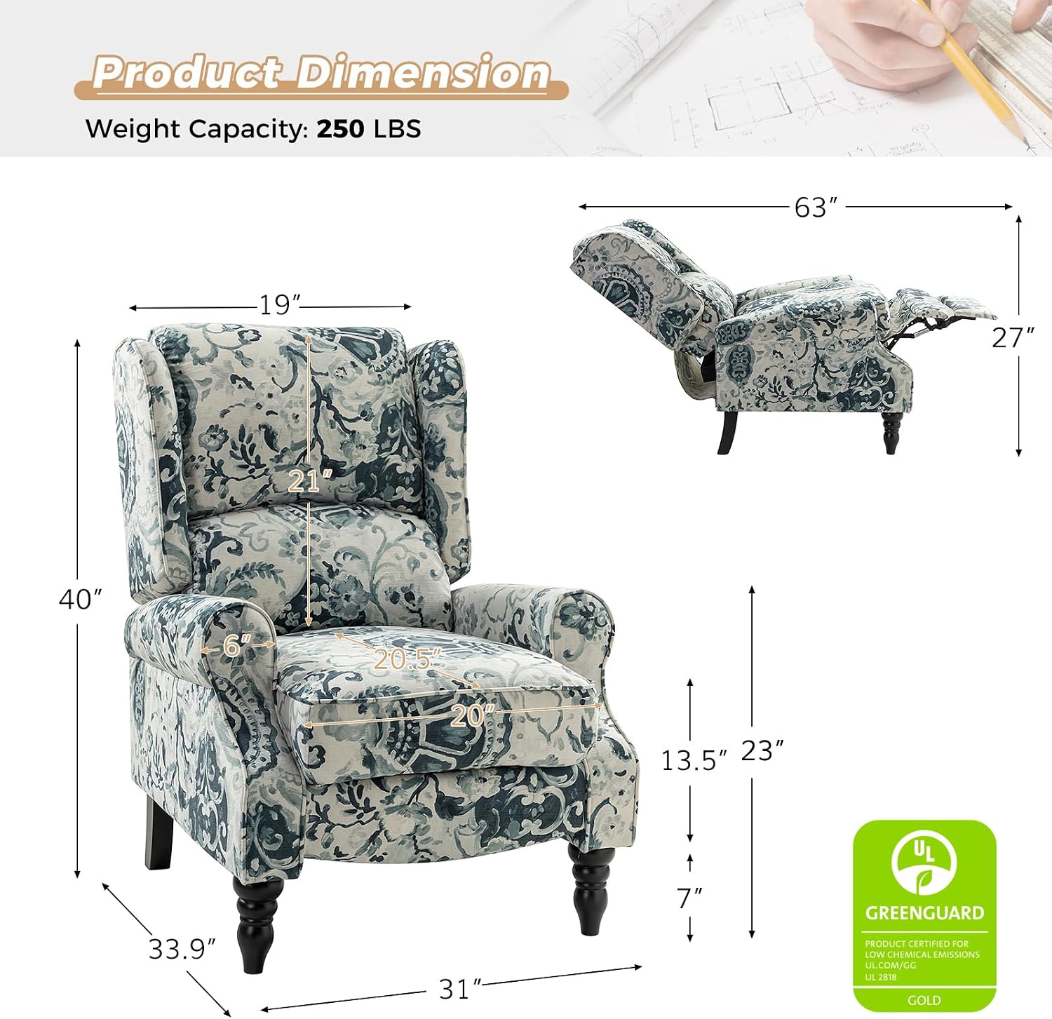HULALA HOME Upholstered Wingback Recliner Chair, Small Adjustable Footrest Push Back Single Reclining Sofa, Mid Century Modern Lounge Armchair for Living Room, Bedroom, Reading/Floral