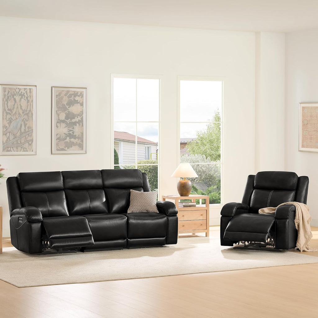 Watson & Whitely Genuine Leather Power Recliner Sofa, 3 Seater Wall Hugger Reclining Sofas with Power Headrest, USB & TypeC Ports, Electric Recliner Couch Set for Living Room, Black