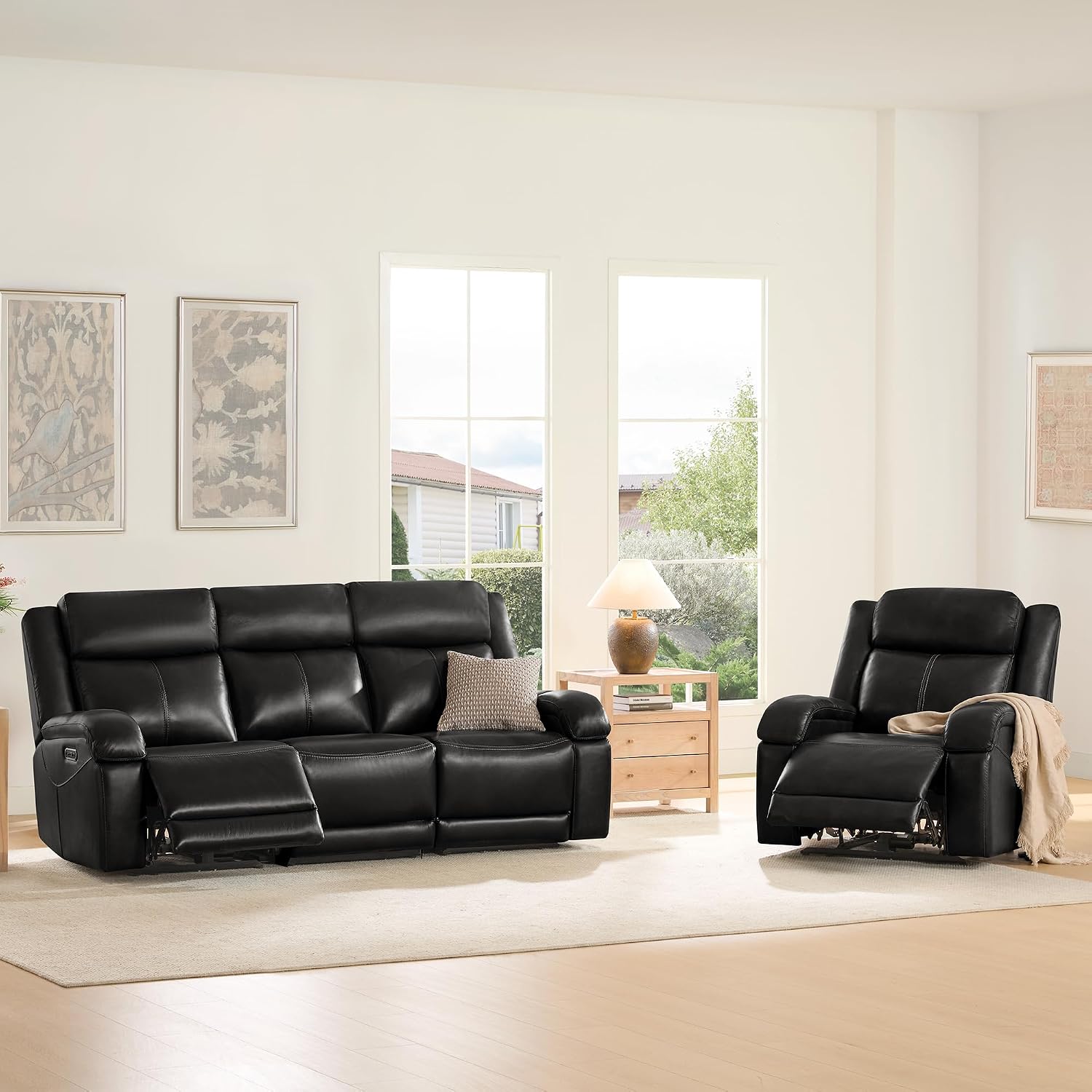 Watson & Whitely Genuine Leather Power Recliner Sofa, 3 Seater Wall Hugger Reclining Sofas with Power Headrest, USB & TypeC Ports, Electric Recliner Couch Set for Living Room, Black