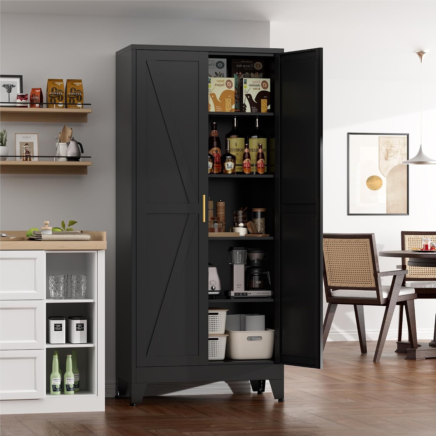 Farmhouse Pantry Cabinet with Barn Doors, 71' H x 31.5' W, 5-Tier Metal Storage Cabinet with 4 Adjustable Shelves for Kitchen Garage Dining Room, Black 1 Pack