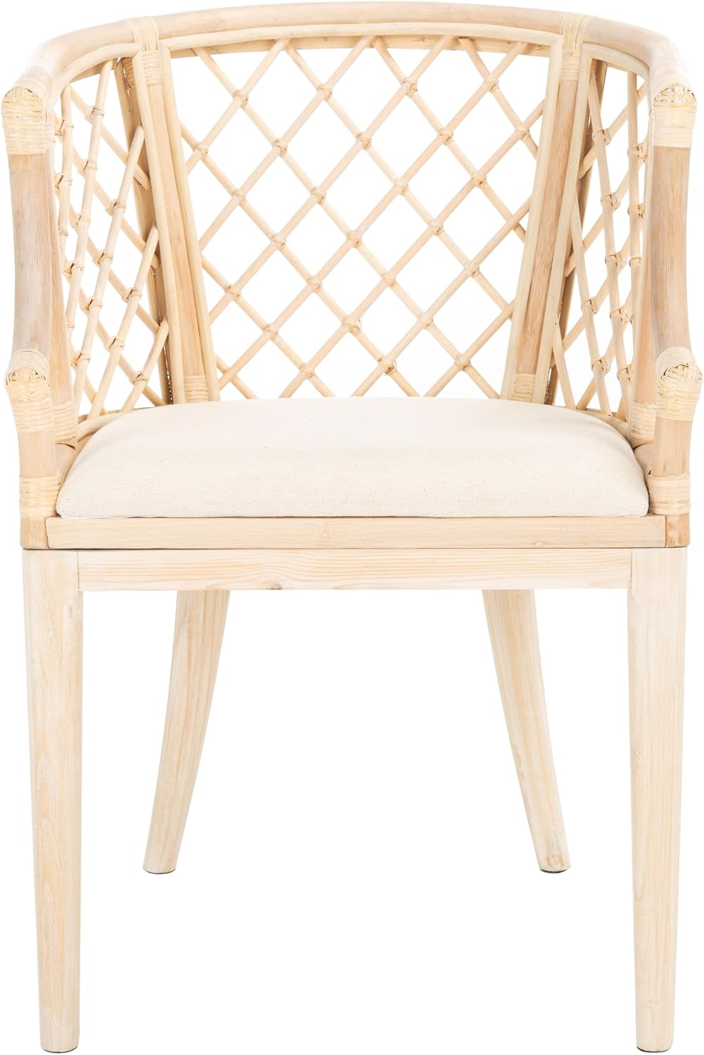 SAFAVIEH Home Collection – Carlotta Natural Rattan Arm Chair with White Cotton Cushion, Coastal Bistro Accent Chair for Dining, Living Room, Bedroom or Office (SEA4013B)