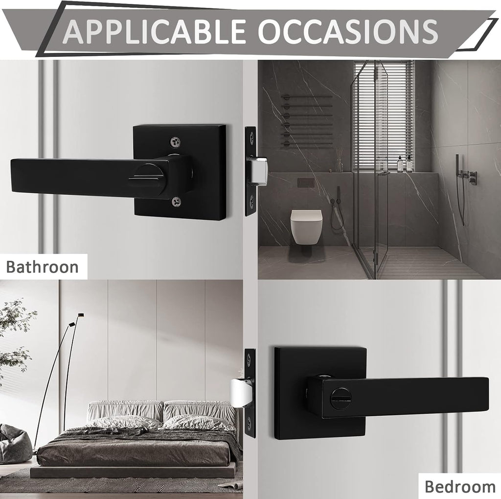 Probrico 8 Pack Square Privacy Door Levers Black Privacy Door Handles Lock Handleset Keyless Lockset Door Knobs Interior Handles for Bedroom & Bathroom