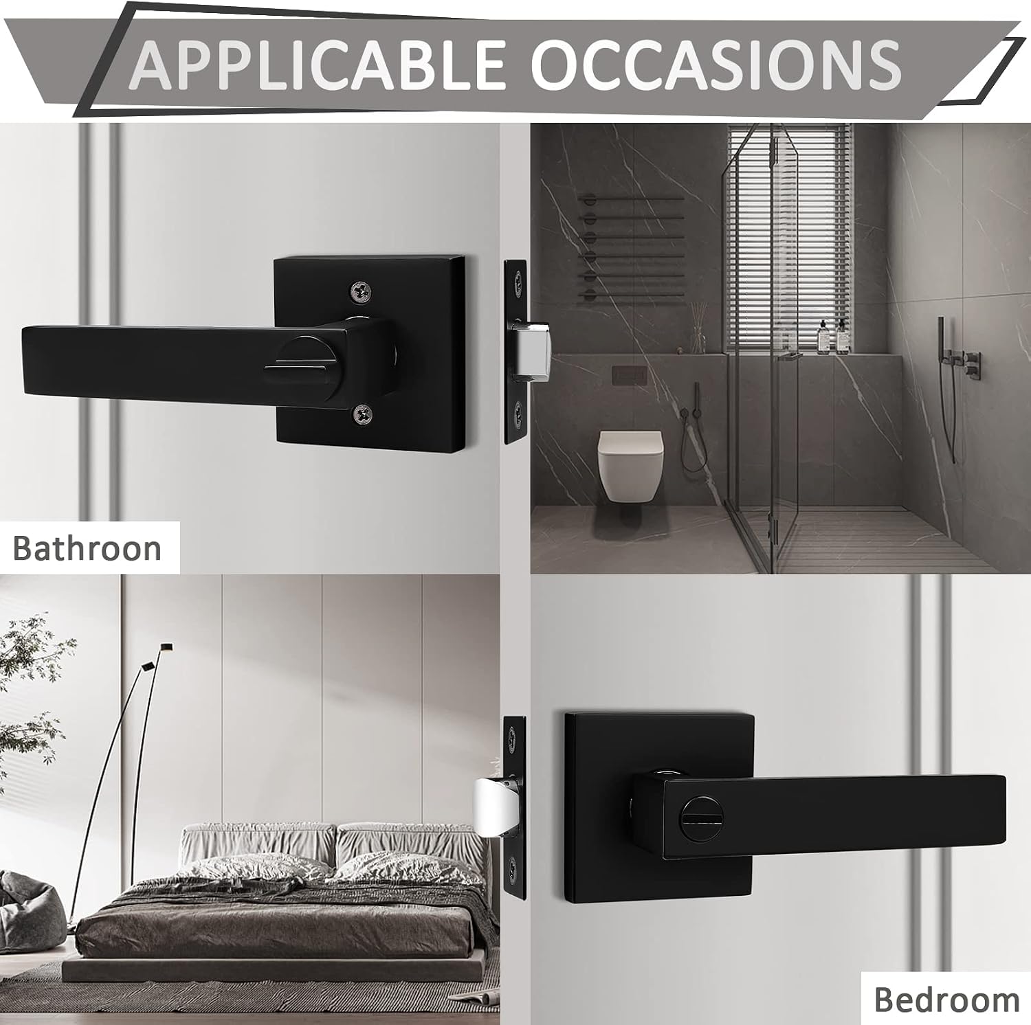 Probrico 8 Pack Square Privacy Door Levers Black Privacy Door Handles Lock Handleset Keyless Lockset Door Knobs Interior Handles for Bedroom & Bathroom