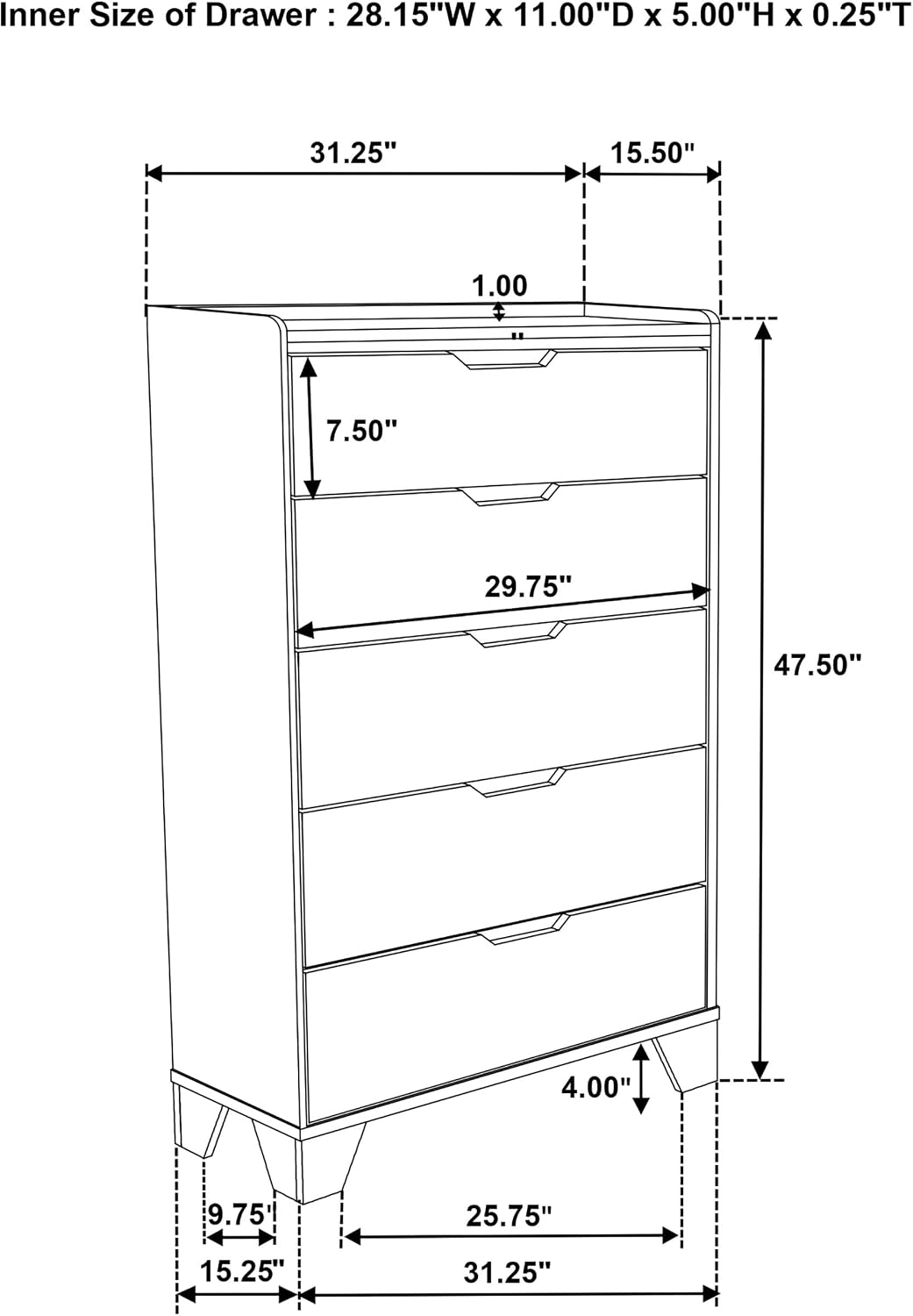 Coaster Home Furnishings - Henderson - Wood - 5-Drawer Chest with Faux Marble Top, Rustic Design, Finger-Tip Pulls, Tapered Legs and Veining Detail - Bedroom - Medium Oak - 222975