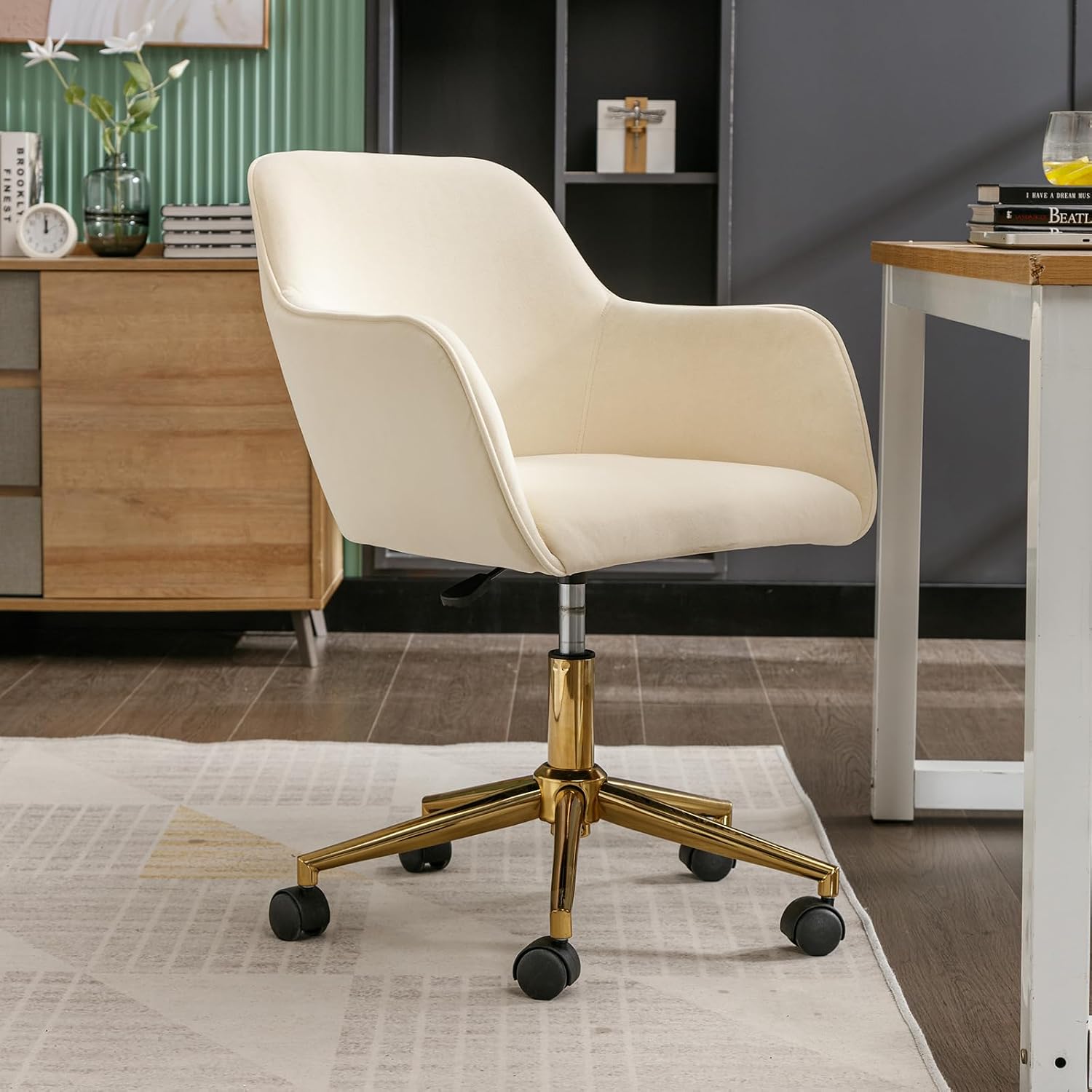 Modern Velvet, Height Adjustable, 360° Swivel Office Chair, Upholstered Cosmetic Dresser Armchair with Metal Feet and Backrest, Bedroom Furniture Beige