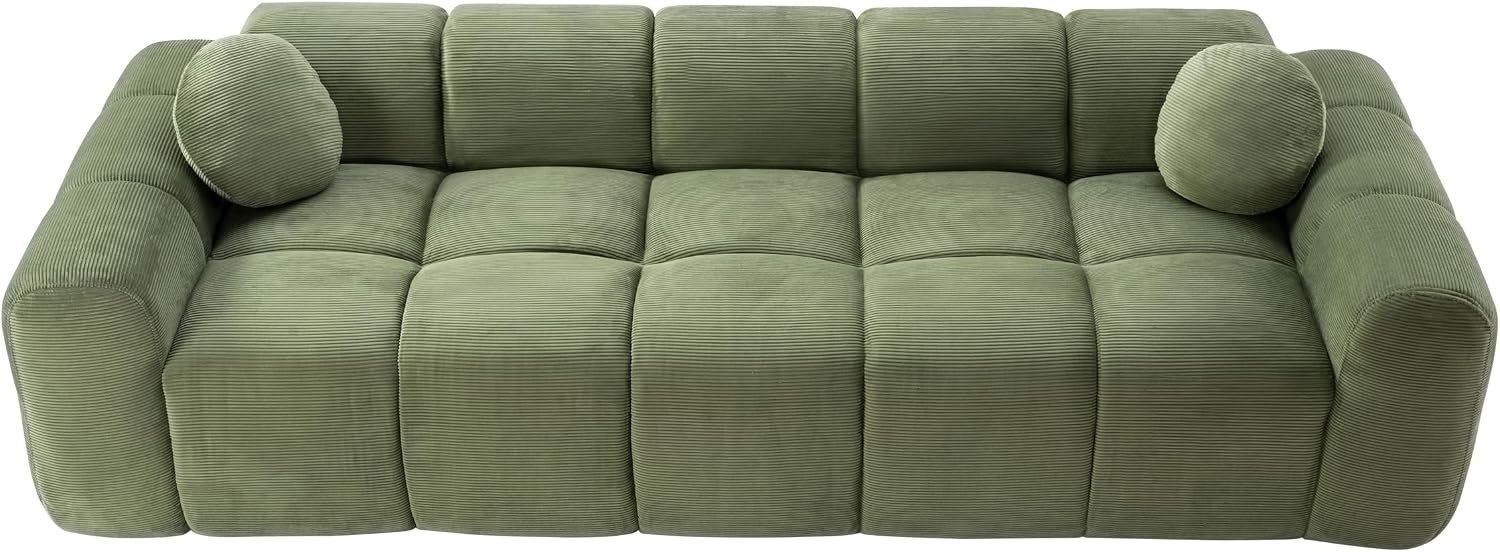 98.4-Inch Oversized Boneless Cloud Couches Deep Seat Foam Sofa Couch with 2 Round Toss Pillows, Luxury Corduroy Upholstered 3 Seat Tufted Loveseat, Cloud Sofa in a Box