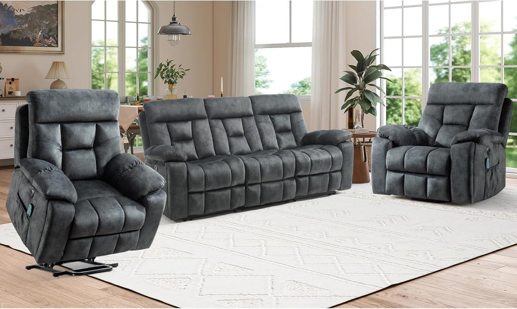 EBELLO Reclining Living Room Set, Soft Fabric Manual Recliner Sofa Furniture Set, Includes 2 Power Lift Recliner Chairs with Massage and Heat and 3 Seat Sofa, Dark Greenish-Grey