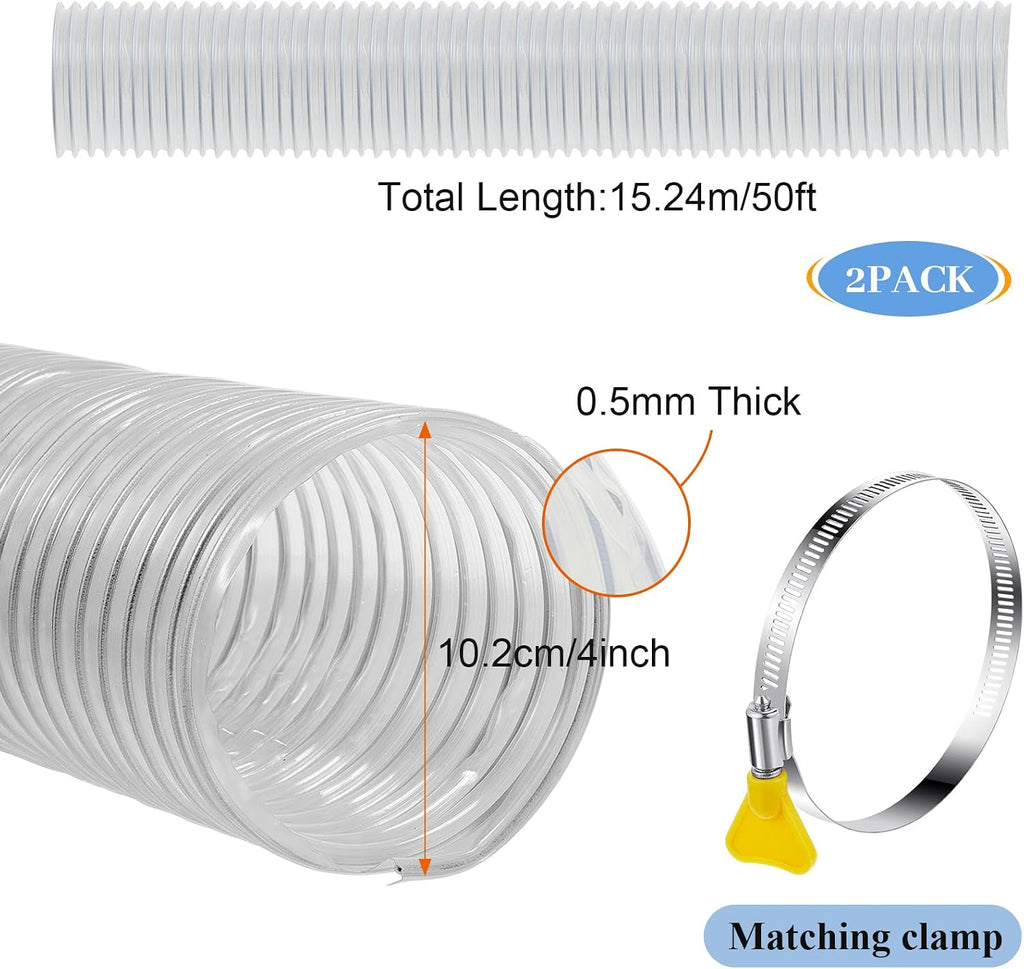 Amylove 4 Inch, 100 ft Heavy PVC Dust Collection Hose, Flexible Clear PVC Fume Hose with Stainless Steel Wire Coil and Clamp, Puncture Resistant Vacuum Fittings Dust Collector Accessories