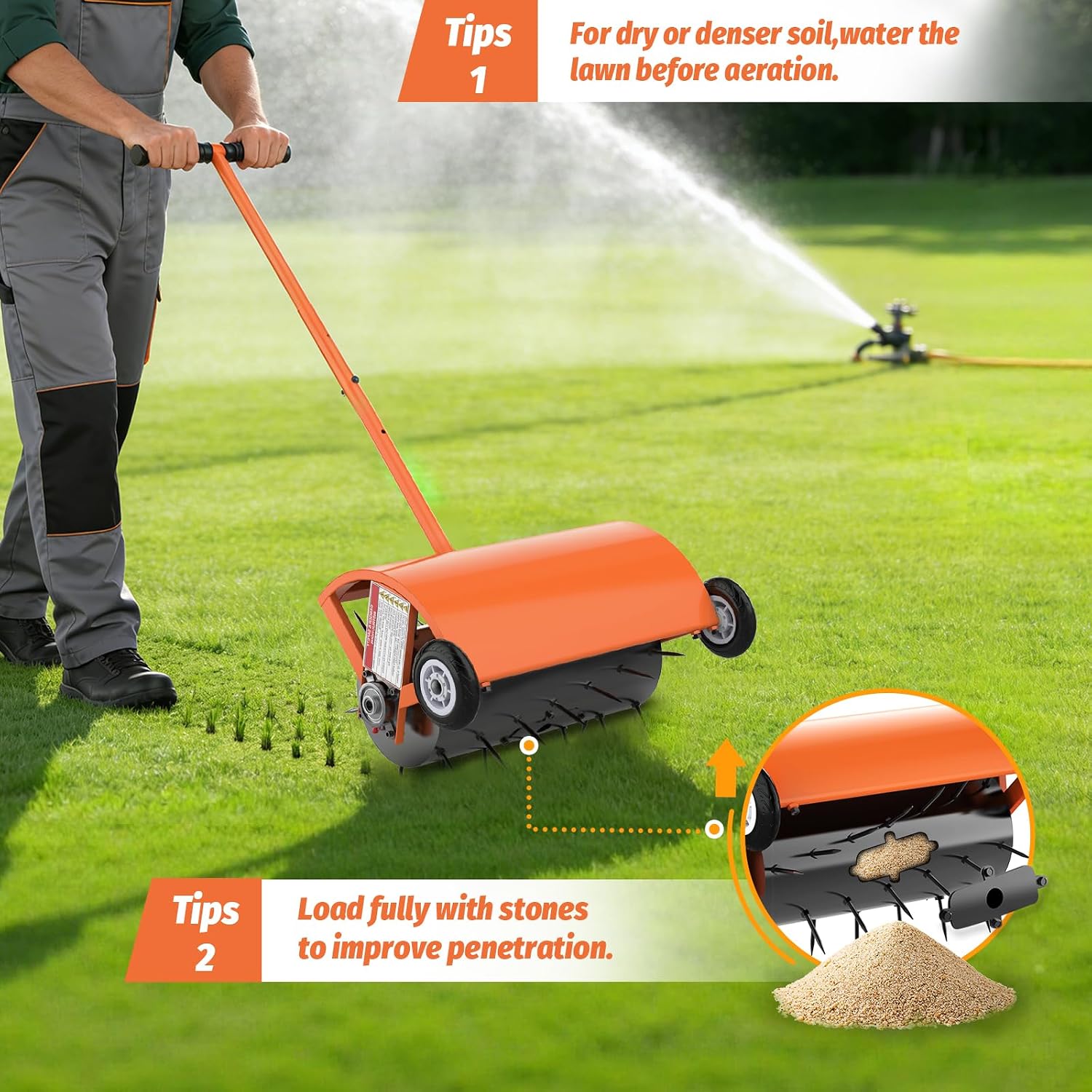 24 Inch Rolling Lawn Aerator, Heavy Duty Manual Aerator Tool, Up to 70 lbs, Push Spike Aeration Tool with 42 Spikes, Suitable for Lawns, Garden, and Yard Grass Aeration [Orange]
