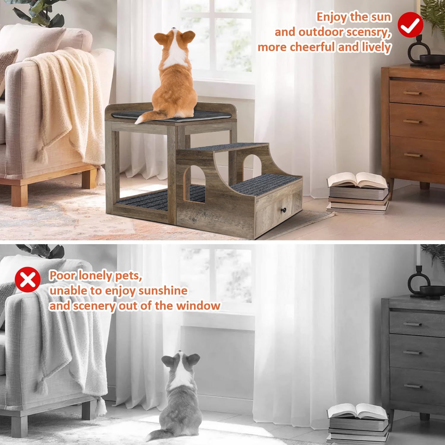 Pet Bunk Bed for Cats, Multi-Level Pet Window Perch Seat Platform with Removable Stairs and Mats for Cats and Dogs, Pet Bed Couch with Drawers for Bedside, Home, Indoor Use, Grey