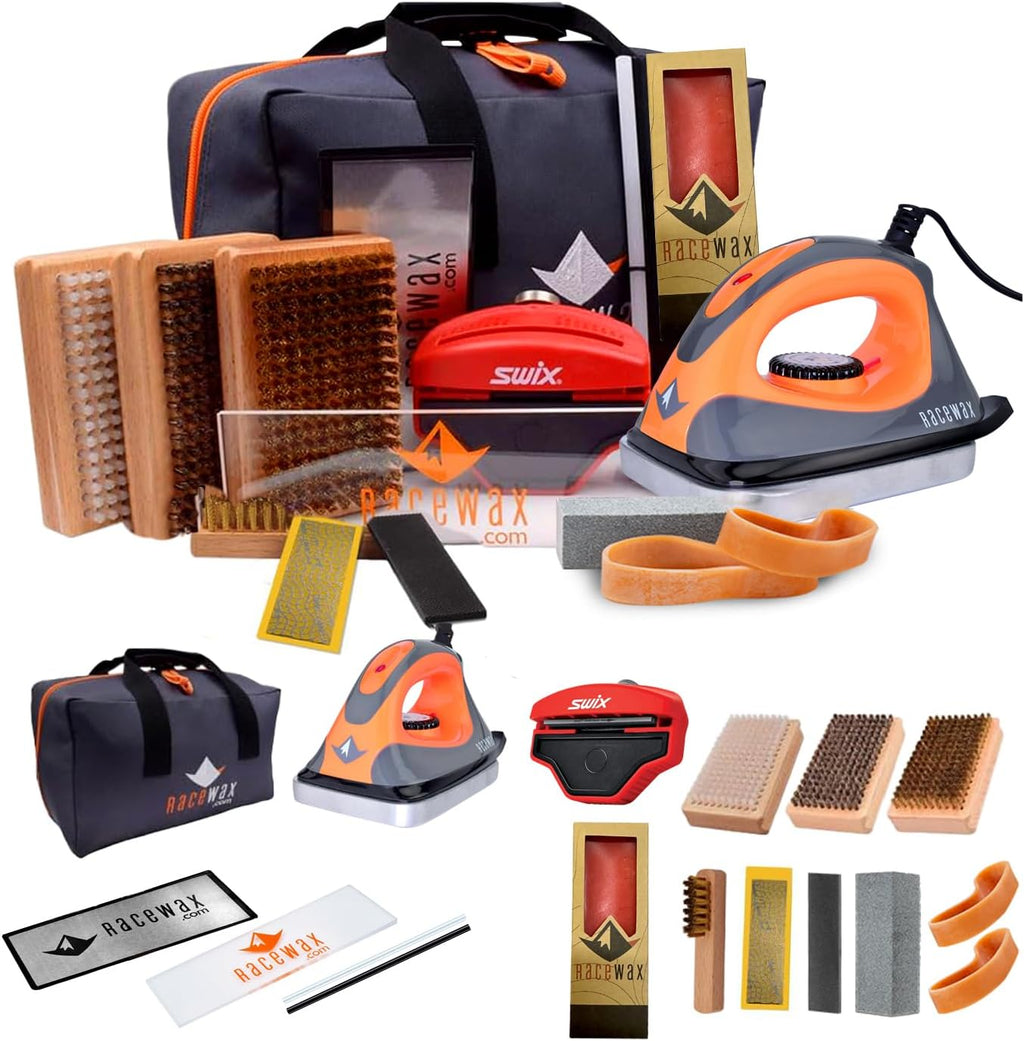 RaceWax Elite Ski and Snowboard Tuning and Waxing Kit - Complete with Waxing Iron, Angled Edge Tuner, Universal Temperature Wax, Edge Tools, Base Repair Tools, and Cordura Travel Bag - (PC-7909)