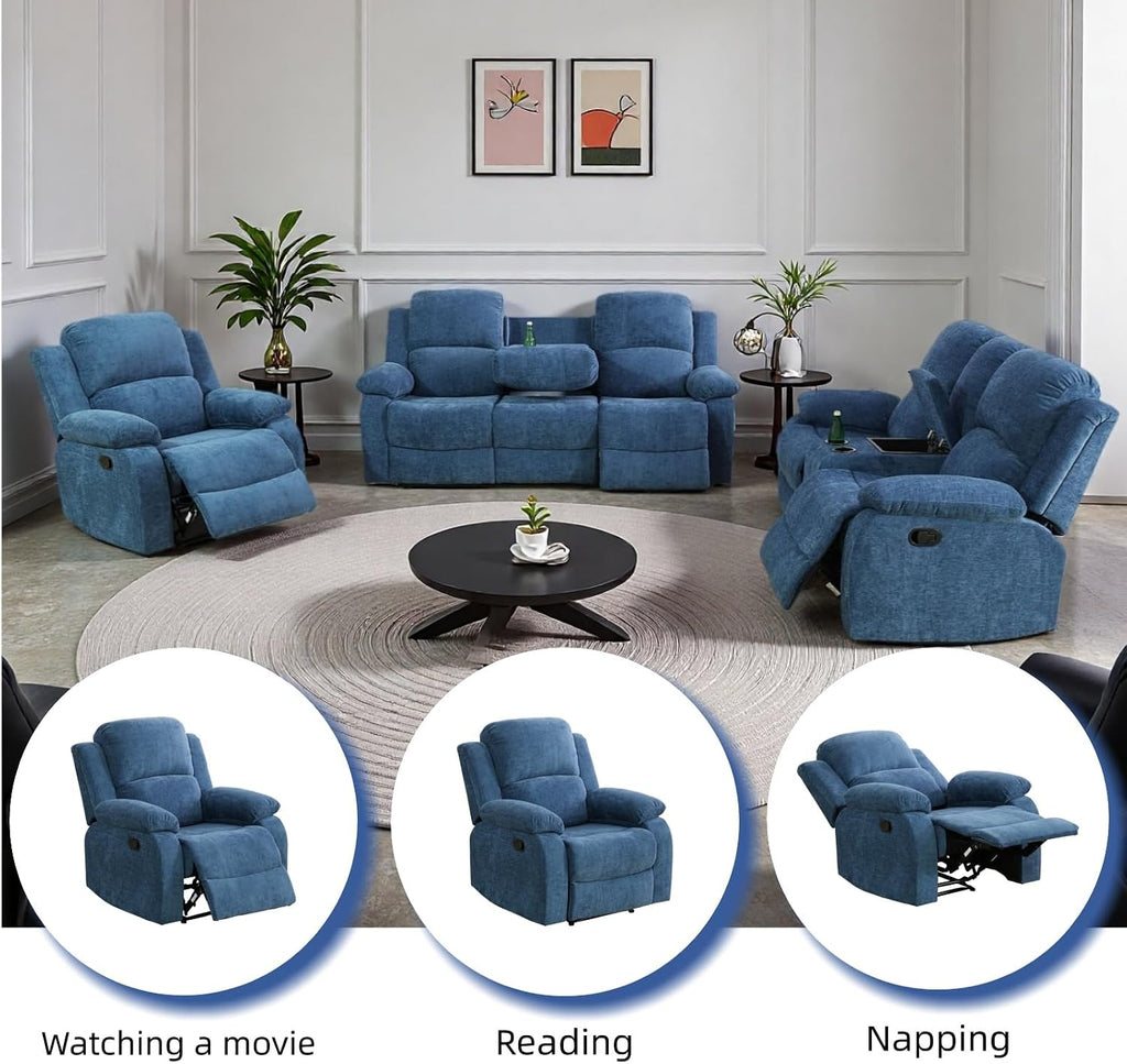 Recliner Sofa Set, Fluffy Fabric Living Room Couch with Adjustable Backrest, Loveseat with Storage Console & Cup Holders, Modern Sectional Sofa with Reversible Coffee Table for Home, Blue