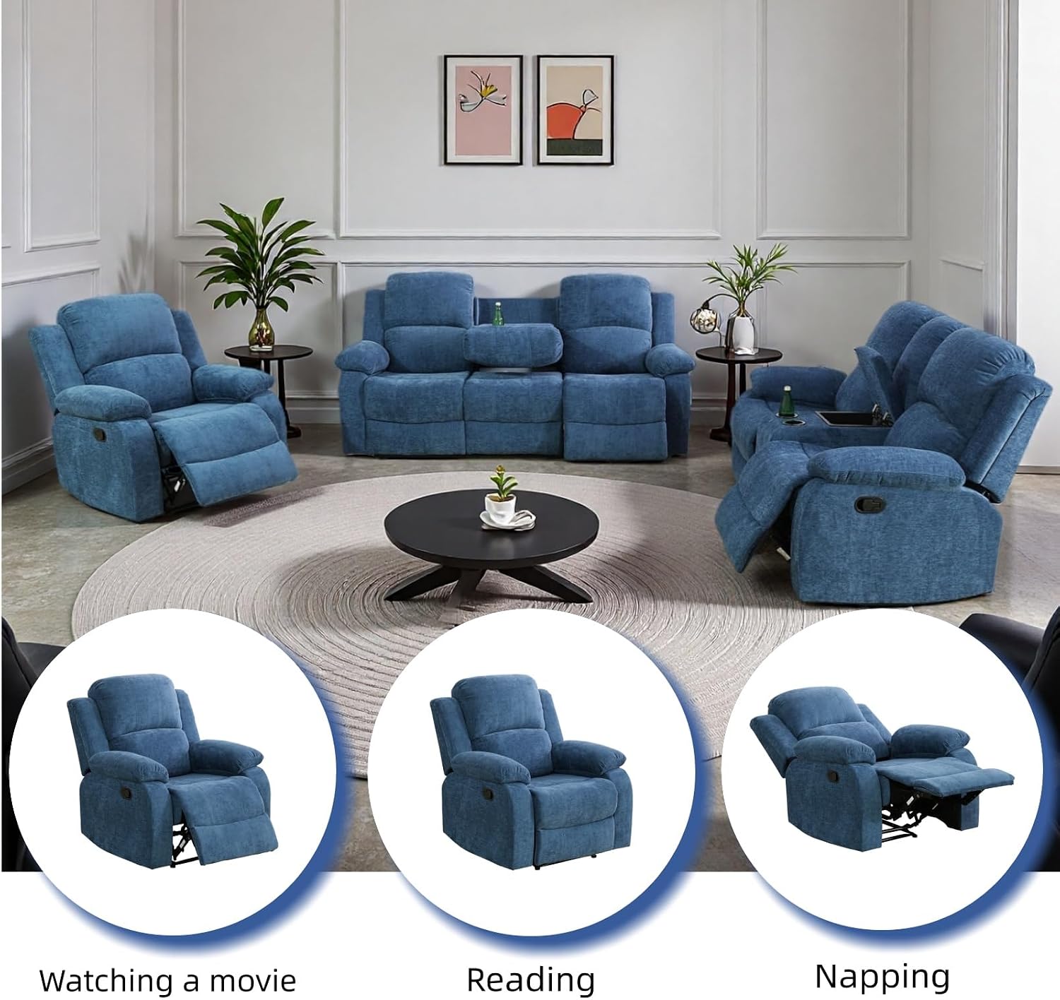 Recliner Sofa Set, Fluffy Fabric Living Room Couch with Adjustable Backrest, Loveseat with Storage Console & Cup Holders, Modern Sectional Sofa with Reversible Coffee Table for Home, Blue