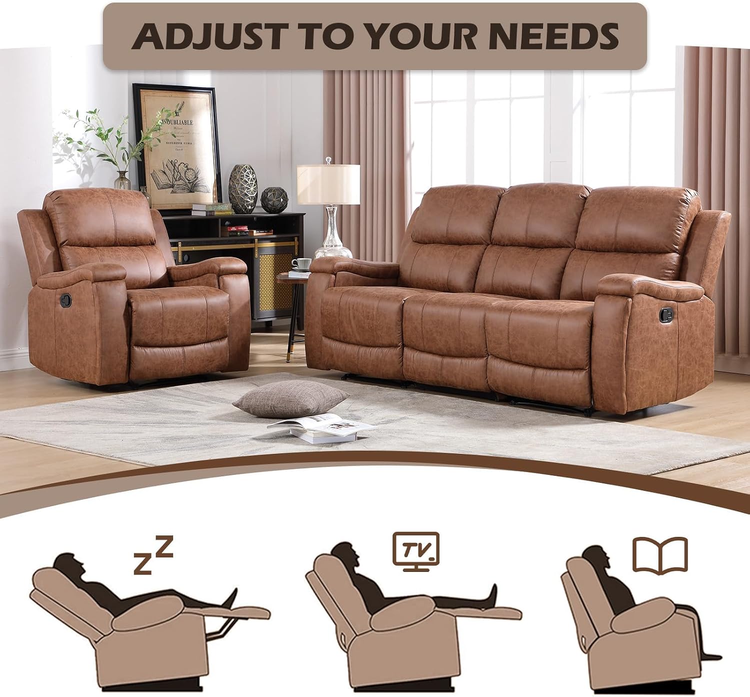 CANMOV Faux Leather Manual Reclining Sofa Furniture Set, 2 Manual Recliner Chair and 3 Seat Recliner Sofa Couch Set for Living Room,Brown