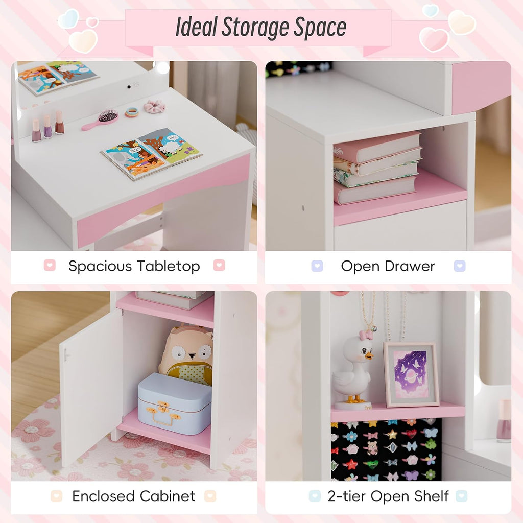 Girls Vanity Table and Chair Set, Kids Vanity with Jewelry Organizer for Princess, Toddler Makeup Vanity Desk with Open Shelf, Closed Cabinet and Butterfly Pattern, White