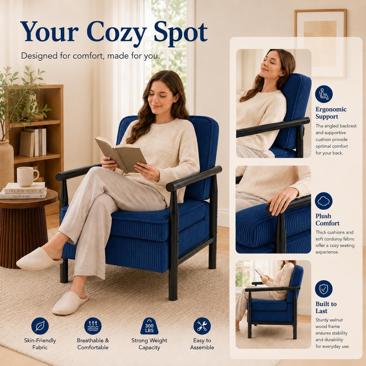 Accent Chair with Hidden Storage, Mid-Century Upholstered Armchair with Solid Wood Frame, Corduroy Fabric Accent Chair for Living Room, Bedroom, and Reading Corner(Blue)
