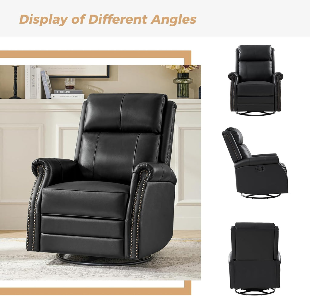 HULALA HOME Genuine Leather Swivel Rocker Recliners Set of 2 with Adjustable Backrest & Footrest,Manual Glider Recliner Chair with Swivel Base, Home Theater Sofa Armchair for Living Room Bedroom,BLACK