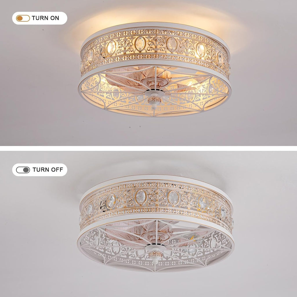 French Country Shabby Chic Crystal Fandelier, Cottage Flush Mount Ceiling Fan with Lights and Remote, Decorative Enclosed Fan for Girls Room, Nursery, Small Bedrooms