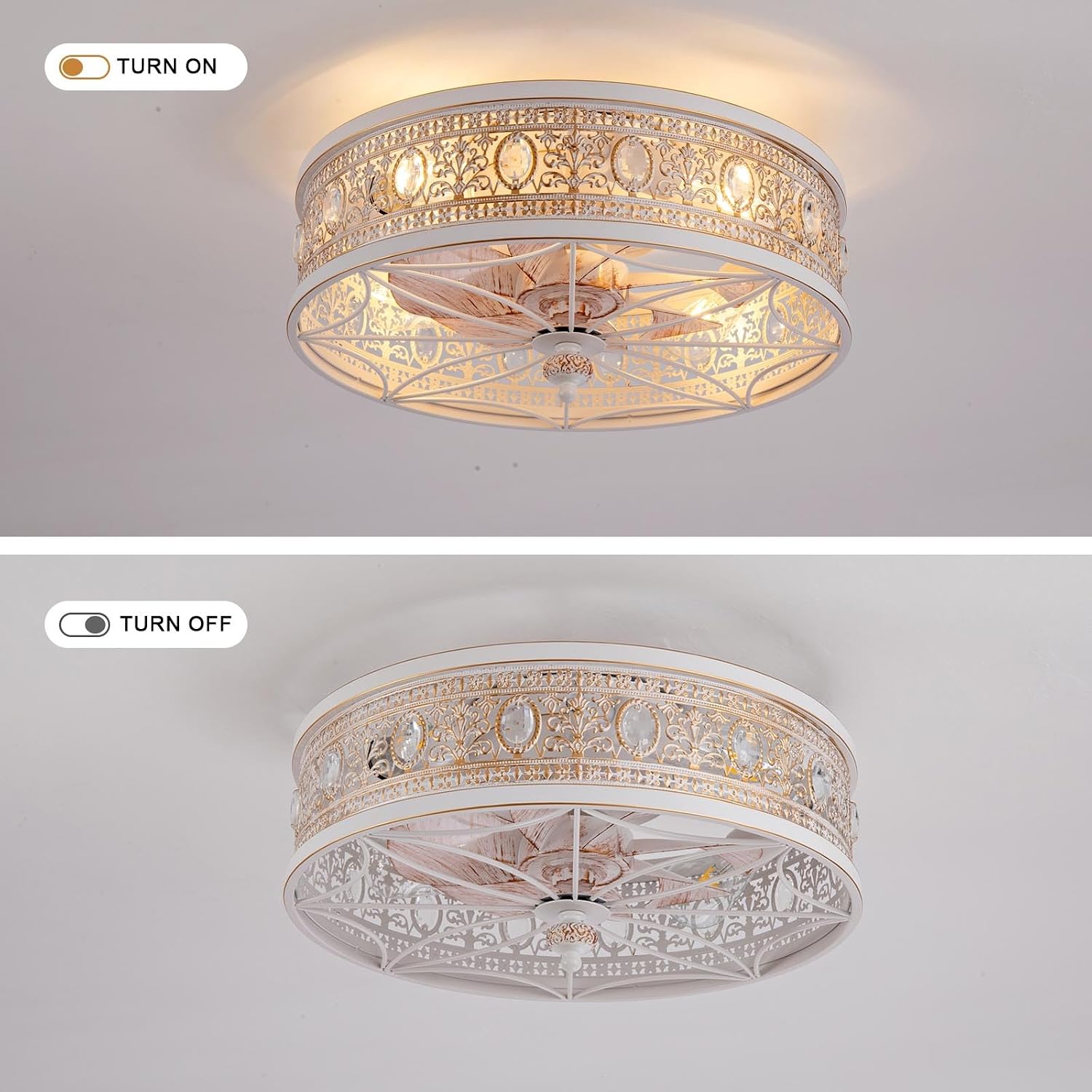 French Country Shabby Chic Crystal Fandelier, Cottage Flush Mount Ceiling Fan with Lights and Remote, Decorative Enclosed Fan for Girls Room, Nursery, Small Bedrooms