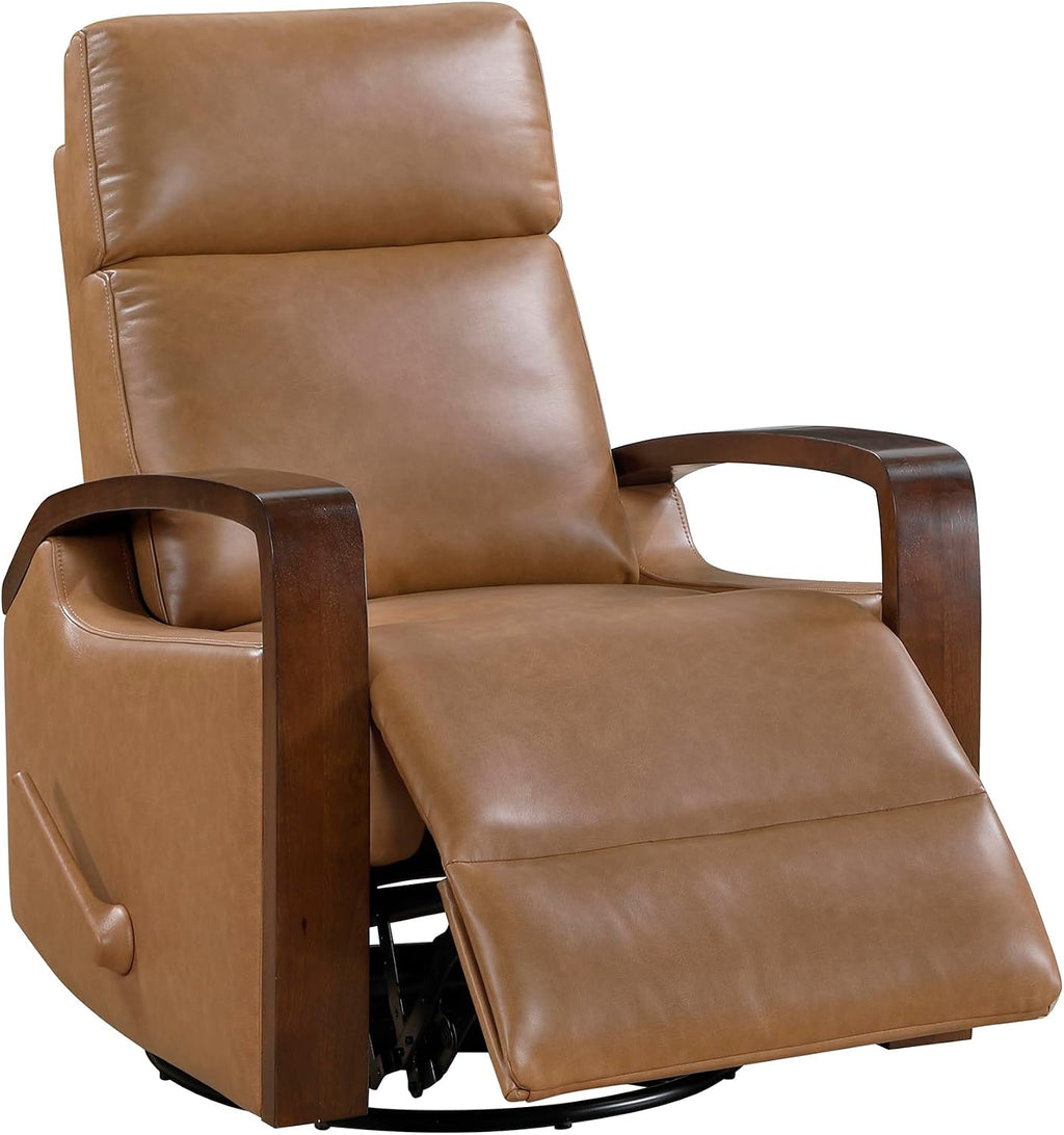 Lexicon 360 Degree Swivel Glider Reclining Chair, Breathable Faux Leather Manual Recliner, Comfy Nursery Glider Recliner, Wood Arms, Pull Handle for Living Room/Office/Bedroom/Apartment, Camel Brown