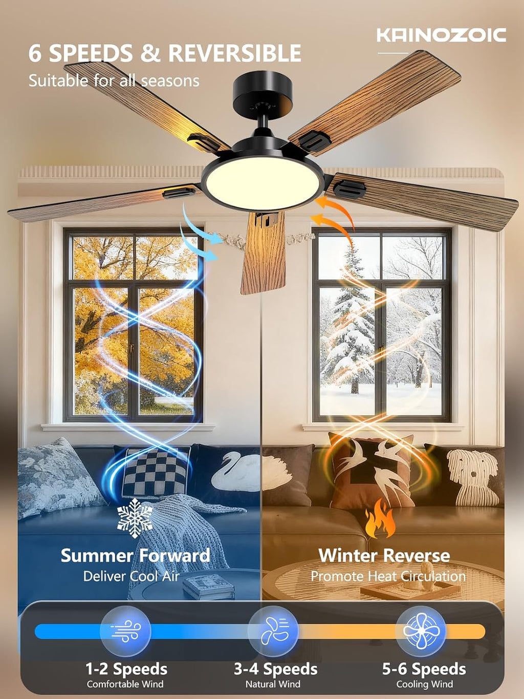 52 Inch Ceiling Fan with Light App&Remote Control Dual Finish Blades Flush Mount Dimmable LED Light Quiet Reversible Motor Black Ceiling Fan for Bedroom Living Room Apartment