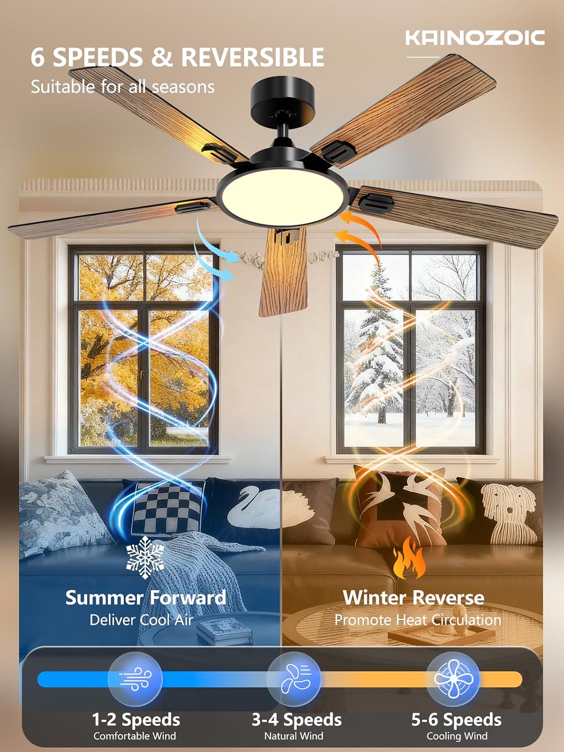 52 Inch Ceiling Fan with Light App&Remote Control Dual Finish Blades Flush Mount Dimmable LED Light Quiet Reversible Motor Black Ceiling Fan for Bedroom Living Room Apartment