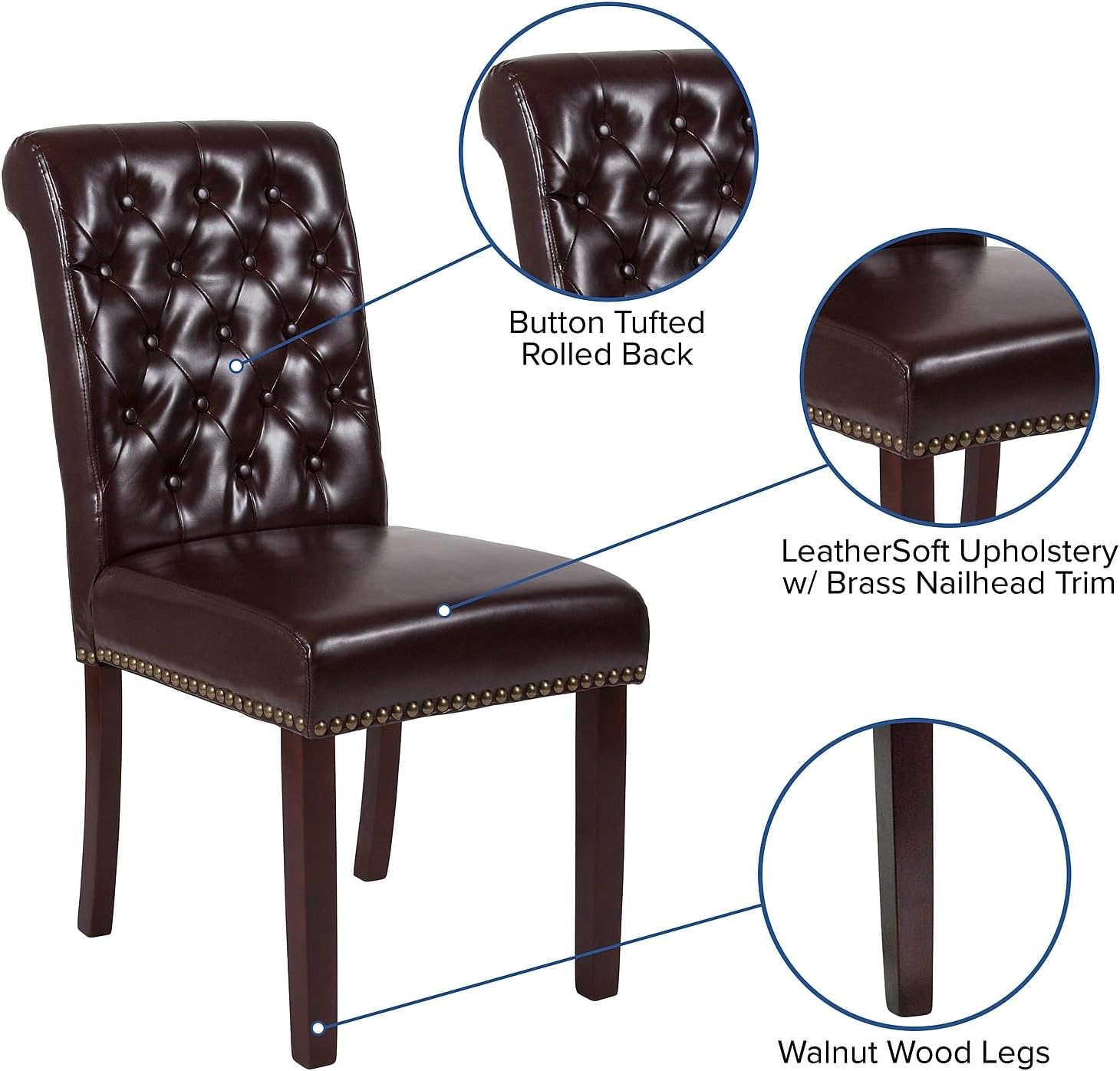 Flash Furniture Set of 2 HERCULES Series Brown LeatherSoft Parsons Chair with Rolled Back, Accent Nail Trim and Walnut Finish