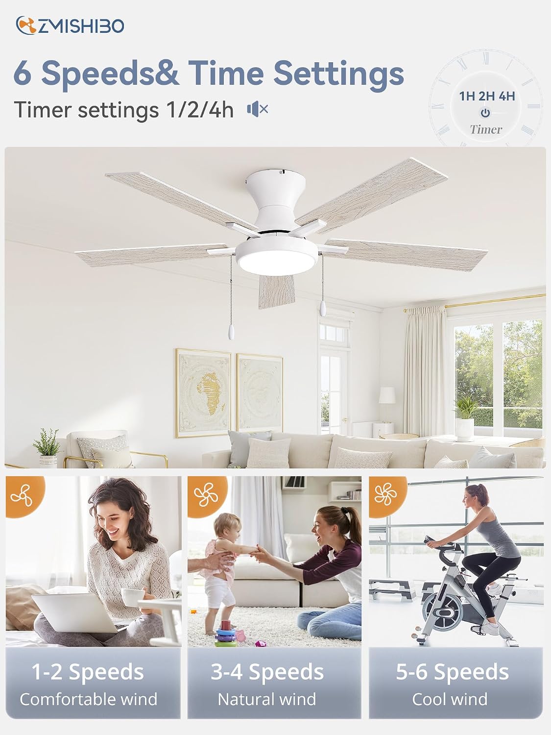 ZMISHIBO 52inch Ceiling Fans with Lights, Low Profile Ceiling Fan with Pull Chain and Remote Control, Flush Mount, Reversible, Dimmable, Noiseless, White Pull Cord Ceiling Fan for Bedroom