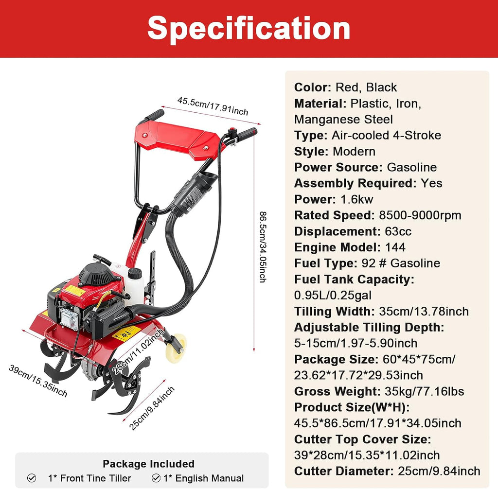 Mini Tiller Cultivator, 63CC 4-Stroke Gas Powered Tiller Cultivator 8500-9000rpm Speed 1600W Garden Yard Rototiller Tilling with Fuel Tank Cordless Tiller Cultivator for Gardening