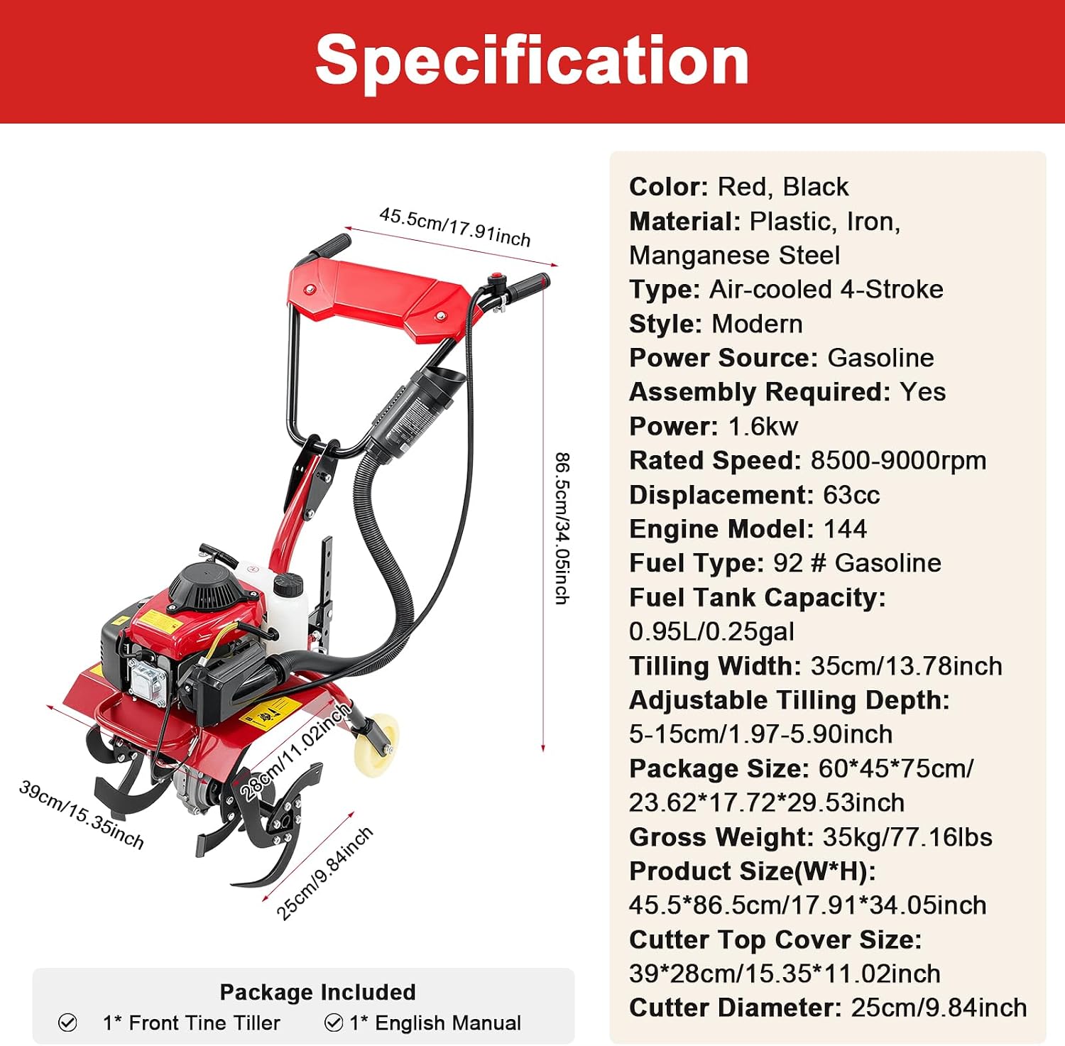 Mini Tiller Cultivator, 63CC 4-Stroke Gas Powered Tiller Cultivator 8500-9000rpm Speed 1600W Garden Yard Rototiller Tilling with Fuel Tank Cordless Tiller Cultivator for Gardening
