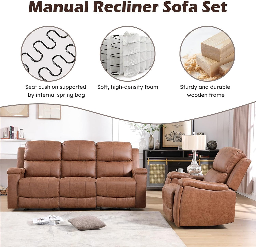 CANMOV Faux Leather Manual Reclining Sofa Furniture Set, 2 Manual Recliner Chair and 3 Seat Recliner Sofa Couch Set for Living Room,Brown