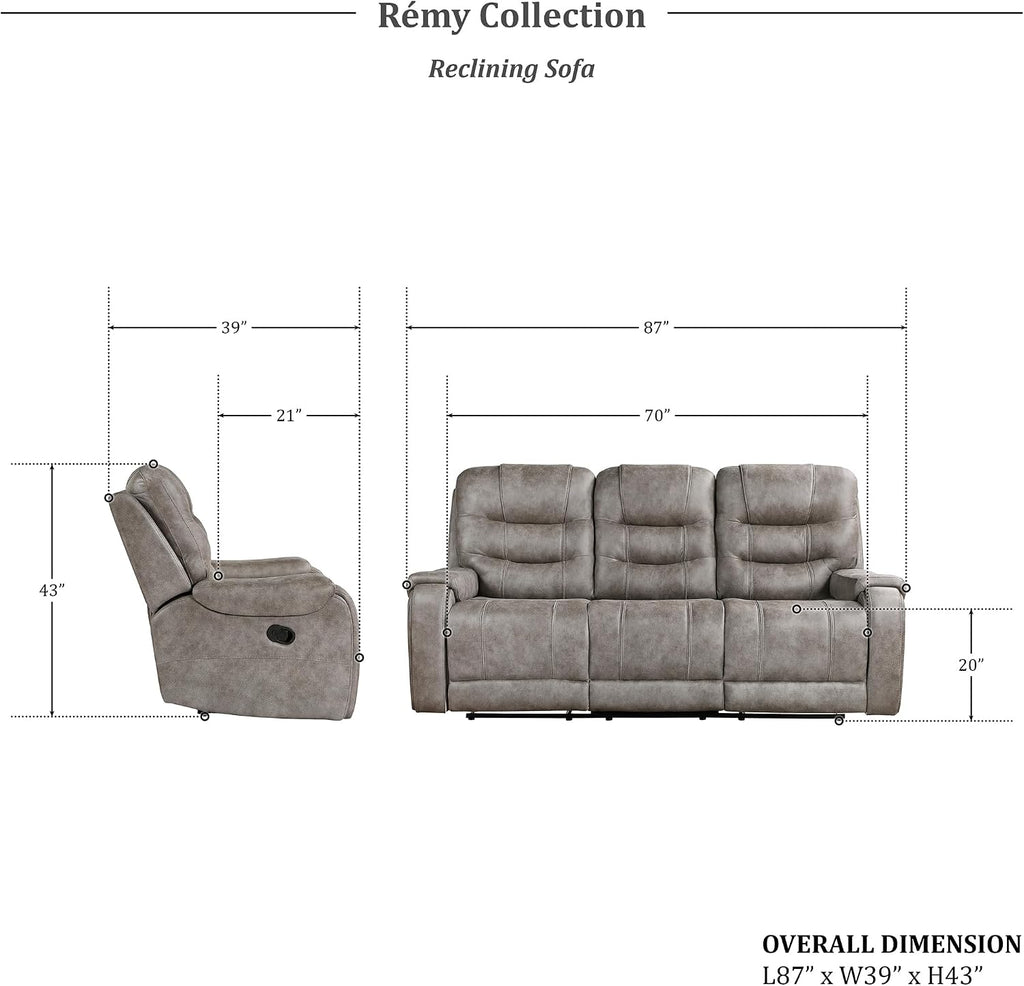 Lexicon Reclining Sofa for Living Room, Double Recliner RV Couch, Manual Wall Hugger Recliner Home Theater Seating Microfiber Reclining Couch, 87''W Sofa, Grayish Brown