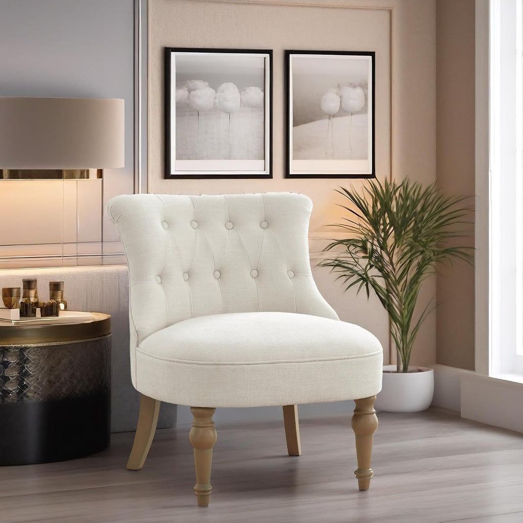 Zihanhome Living Room Chairs, Armless Accent Chair, Comfy Tufted Bedroom Chair, Upholstered Chair with Wooden Legs for Reading Room, Reception, Apartments and Dormitories (Beige)