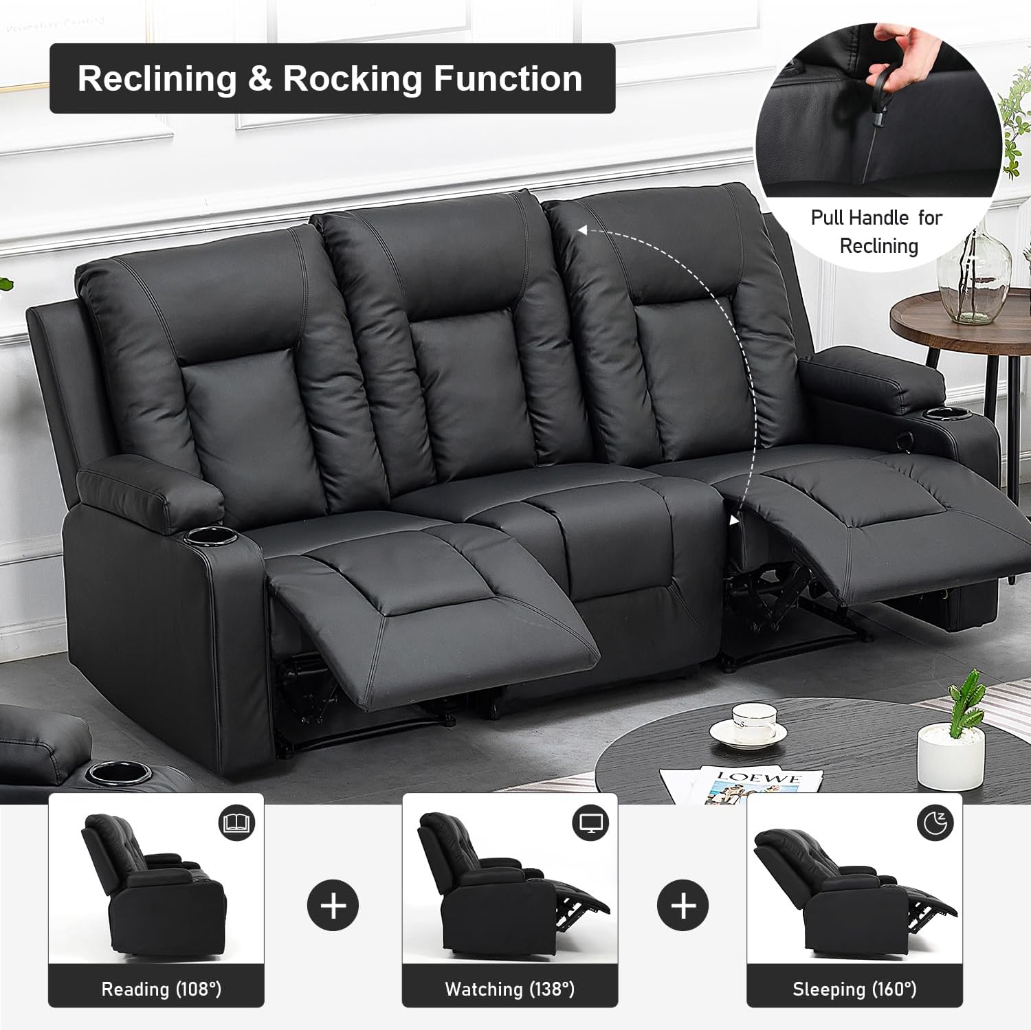 COMHOMA Recliner Chair Set, Leather Recliner Living Room Furniture Sets, Recliner Sofa Loveseat (Black,Living Room Set 3+1)