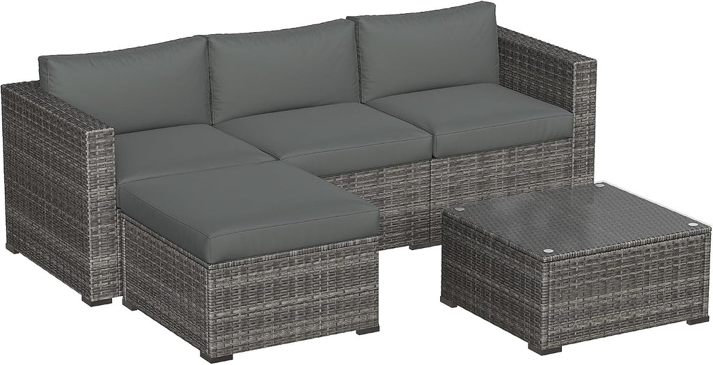 May in Color 5 Piece Outdoor Patio Sectional Furniture Set, Weather Resistant Rattan Outside Couch, Waterproof Conversation Sofa for Balcony, Porch, Backyard, Deck, Garden, Grey