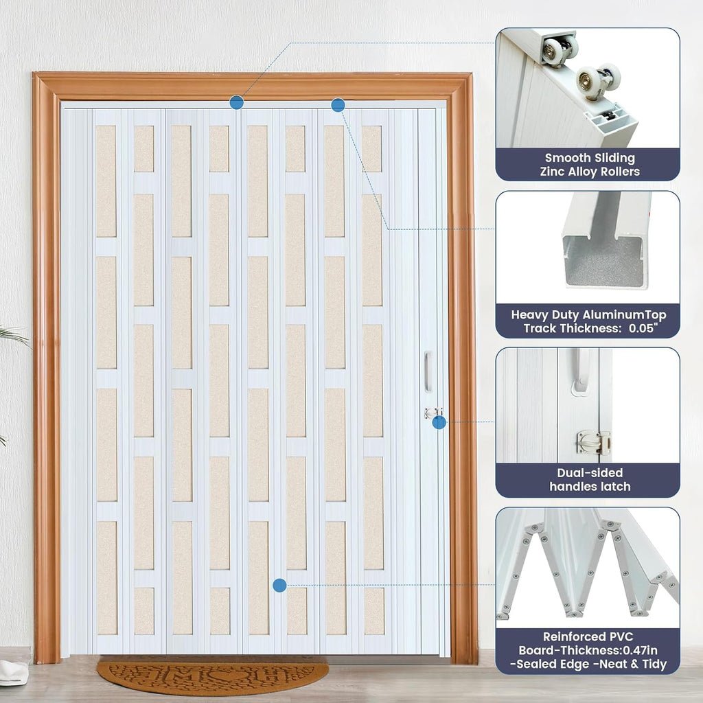 DIYHD 72X96in Glass Accordion Door, Large PVC Folding Door with Frosted Acrylic Panel for Privacy & High Light Transmission – Ideal for Oversized Openings, Space-Saving Closet or Room Divider