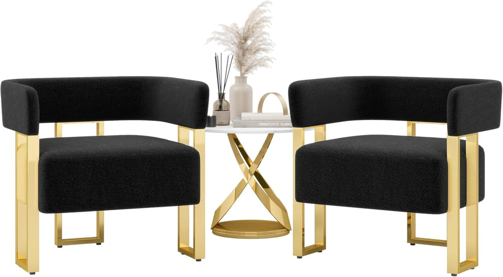 STHOUYN Modern Black and Gold Accent Chair Set of 2, Boucle Bucket Chairs Set of 2, Arm Chairs for Living Room Bedroom (2, Black)