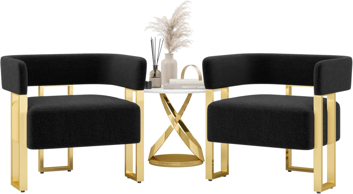 STHOUYN Modern Black and Gold Accent Chair Set of 2, Boucle Bucket Chairs Set of 2, Arm Chairs for Living Room Bedroom (2, Black)