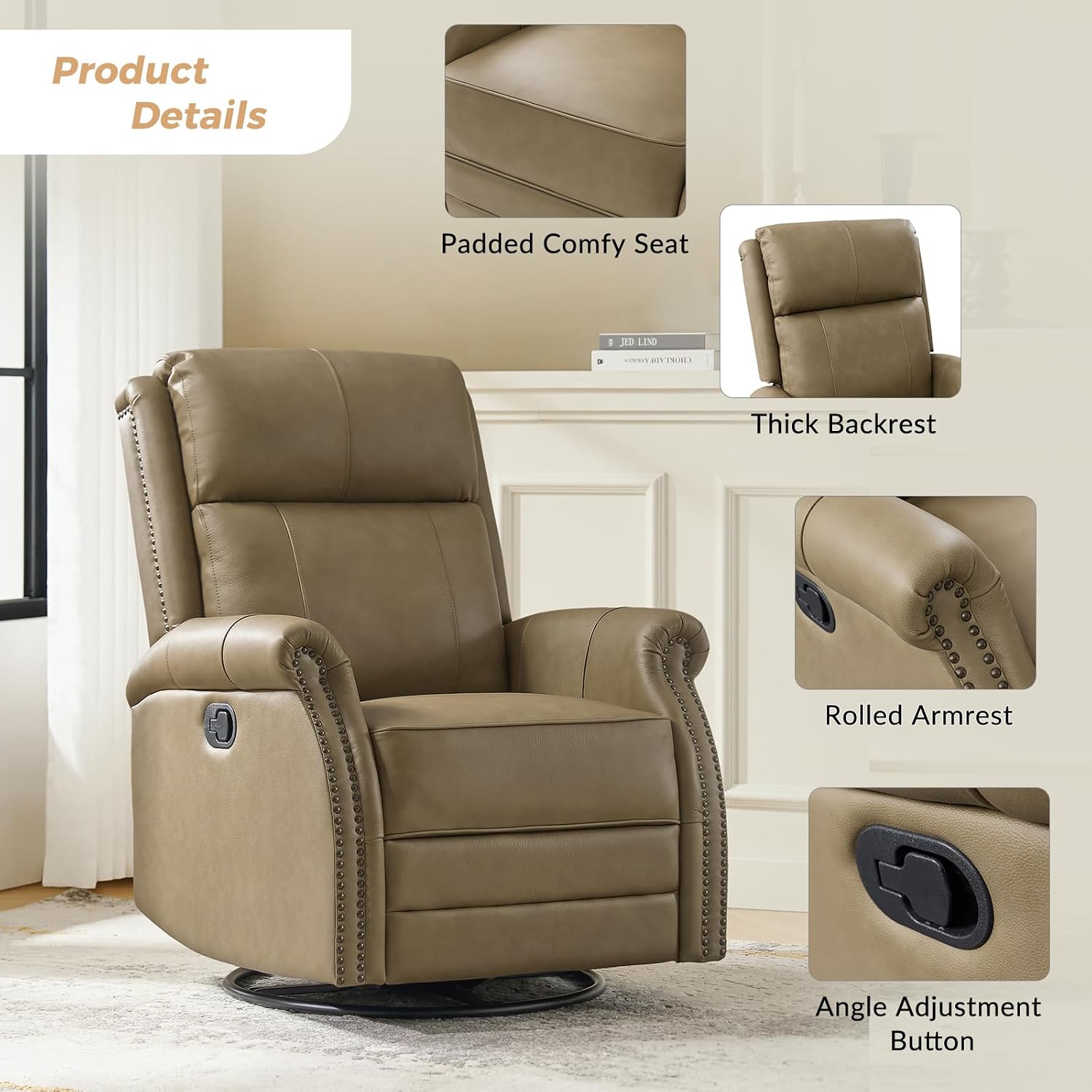 HULALA HOME Genuine Leather Swivel Rocker Recliners Set of 2 with Adjustable Backrest & Footrest,Manual Glider Recliner Chair with Swivel Base, Home Theater Sofa Armchair for Living Room Bedroom,TAUPE