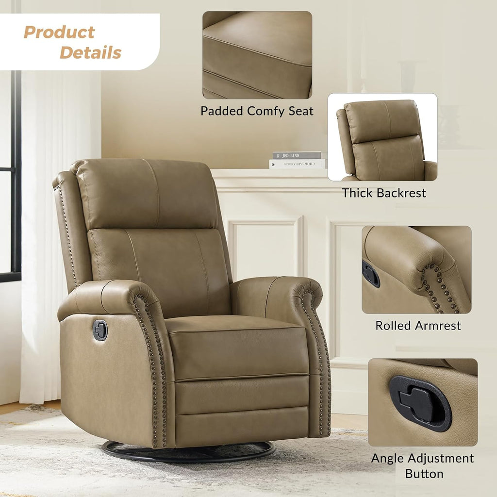 HULALA HOME Genuine Leather Swivel Rocker Recliner with Adjustable Backrest & Footrest, Manual Glider Recliner Chair with 360°Swivel Base, Home Theater Sofa Armchair for Living Room Bedroom, Taupe