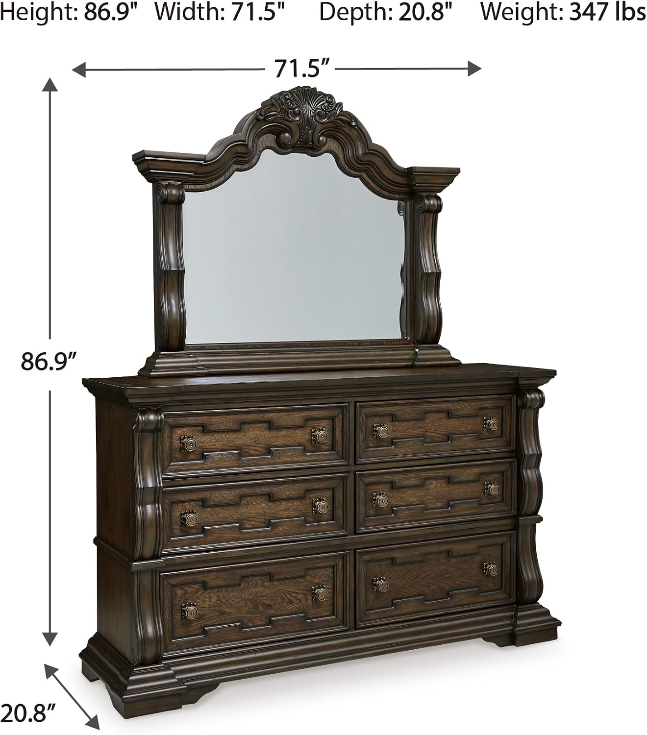 Signature Design by Ashley Maylee 6 Drawer Traditional Dresser with Mirror, Bedroom Chest of Drawers, Hardwood Solids, Oak & Ash Swirl Veneers, MDF Substrates, Cast Resin, Dark Brown