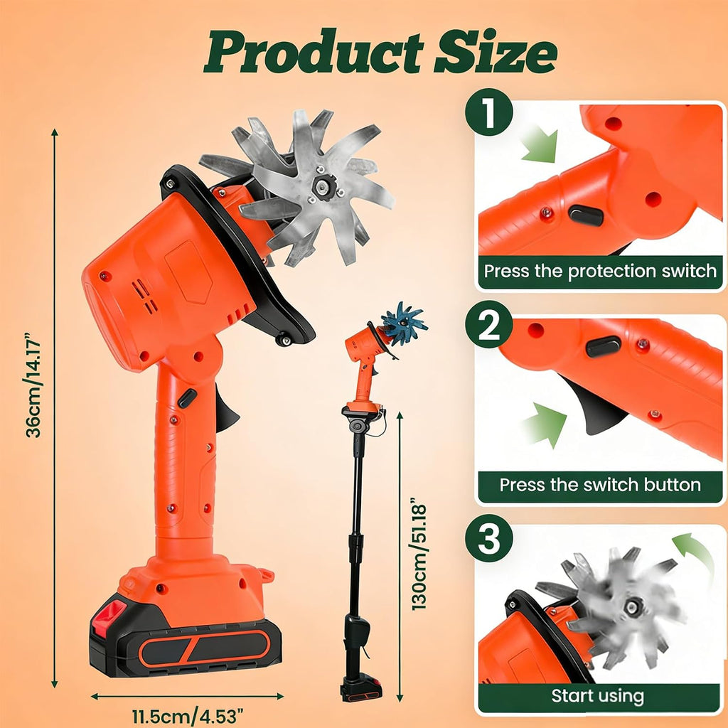 21V Cordless Tiller for Gardening, 360 RPM Electric Garden Tiller, 2-in-1 Powered Mini Cultivator with 2×2.0Ah Batteries & Charger, 5' Tilling Width, 4' Depth, for Lawn/Soil Cultivation (with Pole)