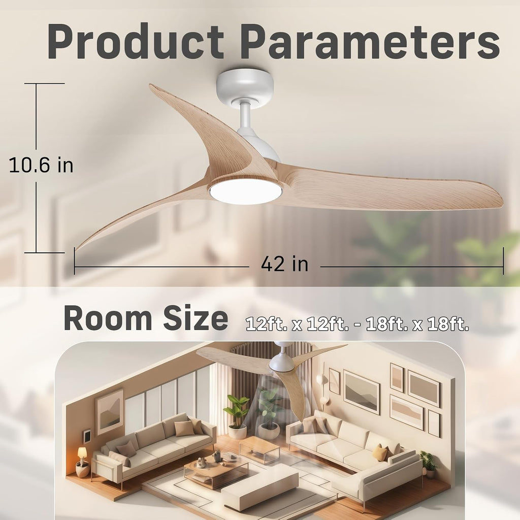 Ceiling Fans with Lights, Flush Mount Ceiling Fan with Light and Remote, LED Dimmable, 6 Speeds, Quiet Reversible Motor, Modern Ceiling Fan with Light for Indoor/Outdoor (Wood, 42 inch + 56 inch)