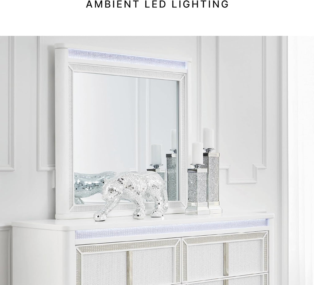 Signature Design by Ashley Chalanna Contemporary Dresser with 6 Drawers, Built-in LED Lighting, Rhinestone Details, Wood, White, 64' W x 20' D x 38.75' H