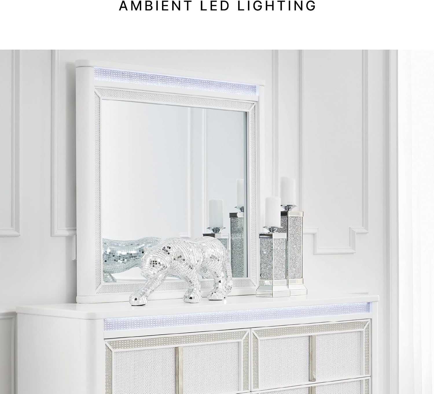 Signature Design by Ashley Chalanna Contemporary Dresser with 6 Drawers, Built-in LED Lighting, Rhinestone Details, Wood, White, 64' W x 20' D x 38.75' H