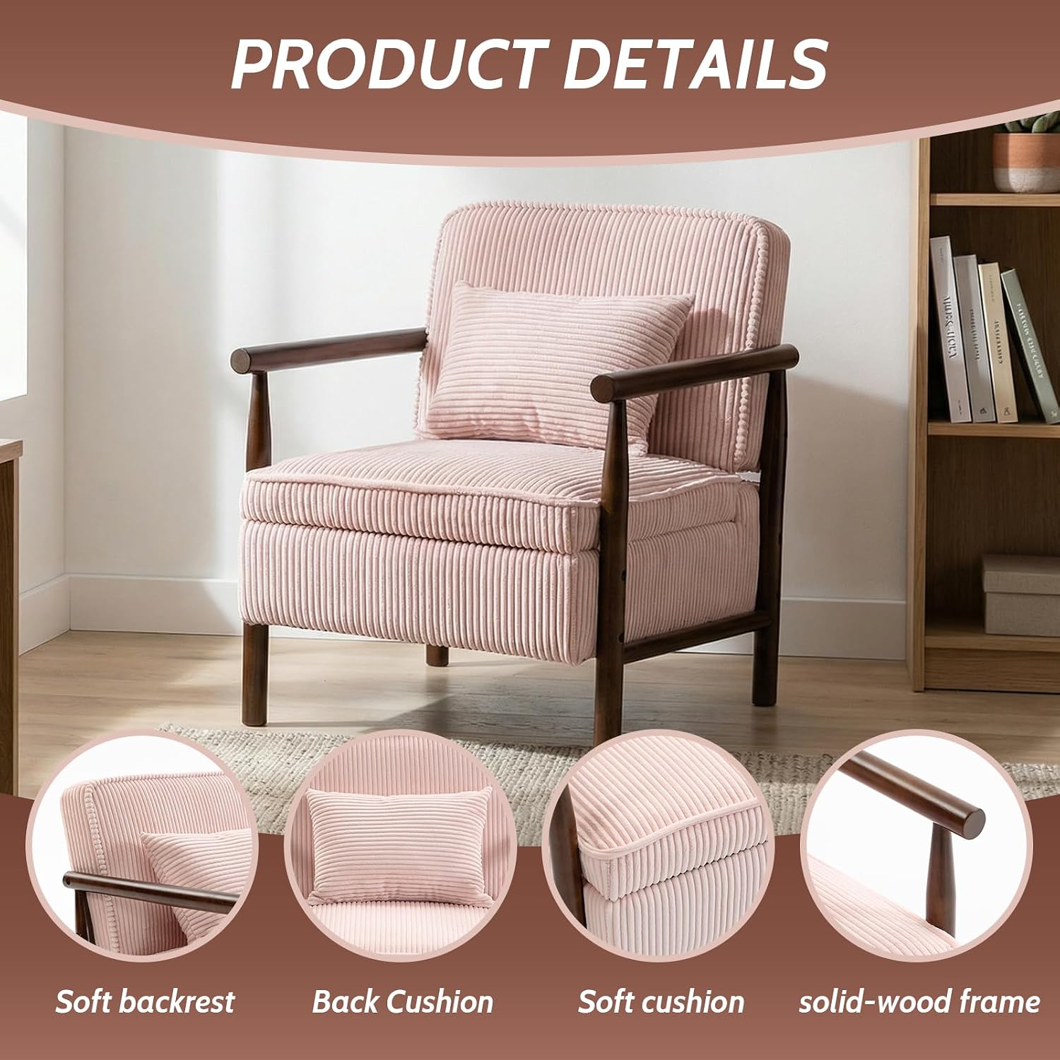 Accent Chair with Hidden Storage, Mid-Century Upholstered Armchair with Solid Wood Frame, Corduroy Fabric Accent Chair for Living Room, Bedroom, and Reading Corner(Pink)