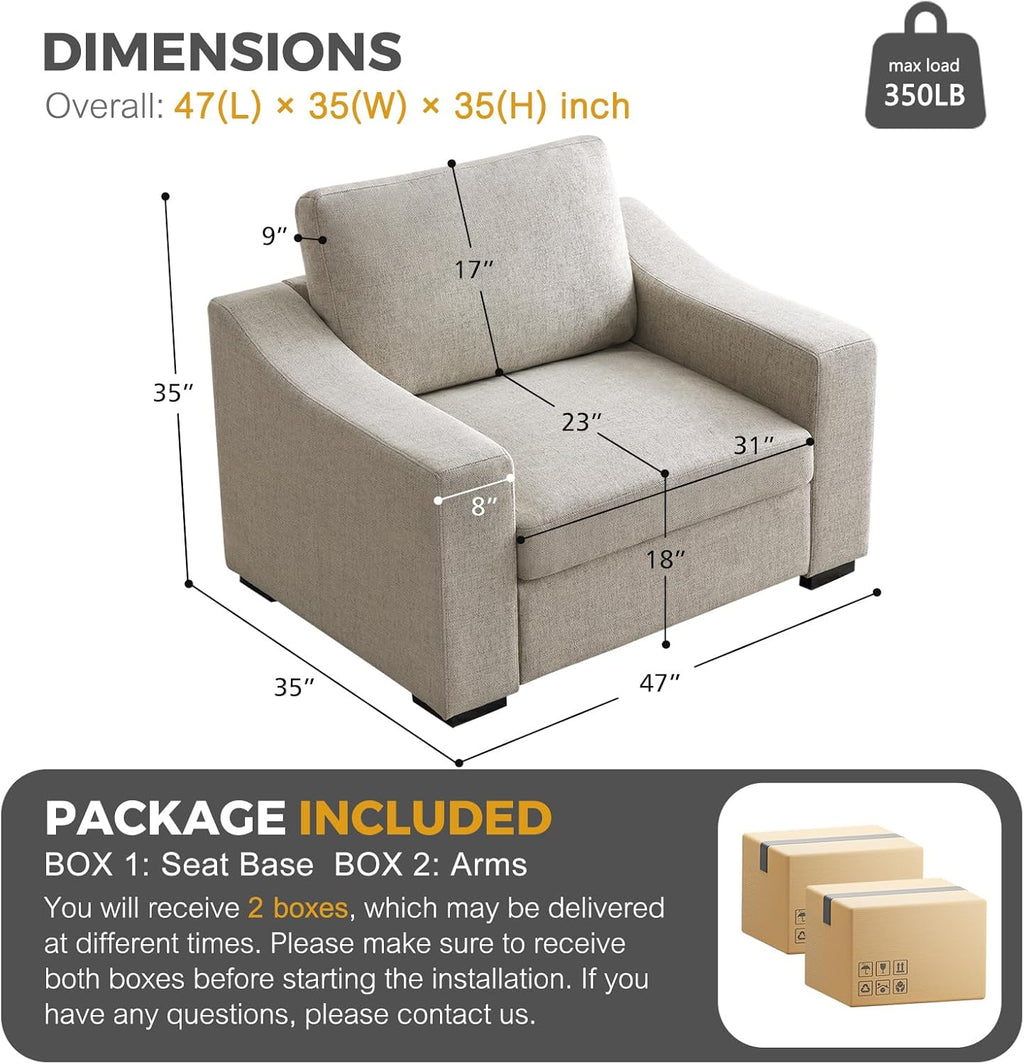 ELUCHANG 47' W Oversized Accent Chairs Set of 2, Linen Fabric Modern Chair with Deep Seat, Comfy Upholstered Large Armchair Sofa Chair and a Half, Reading Chair for Living Room Bedroom Office,Oatmeal