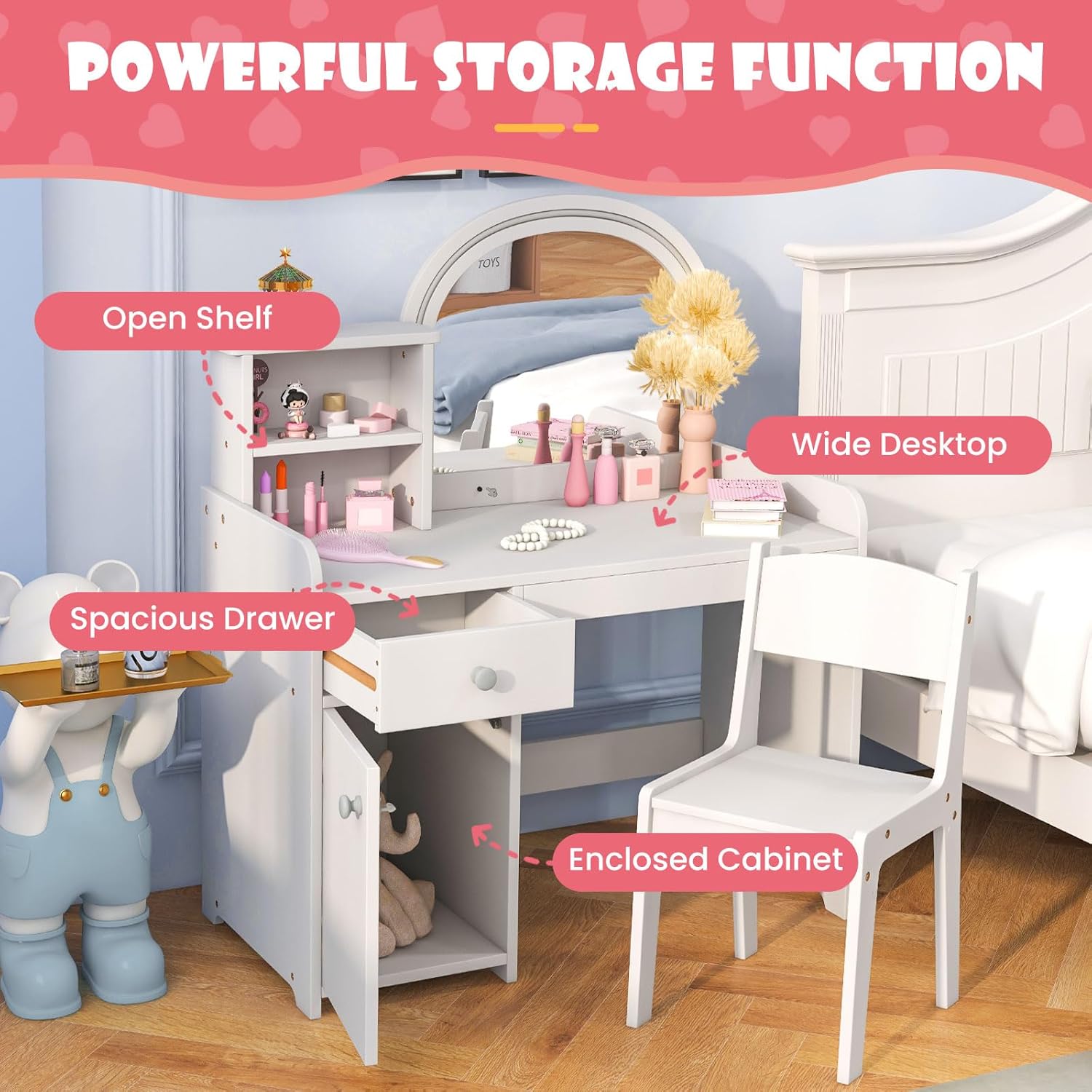 INFANS Kids Vanity, Princess Makeup Desk and Chair Set with Lights Mirror Drawer Storage Shelves, Wooden Dressing Table, Pretend Play Vanity Set for Girls