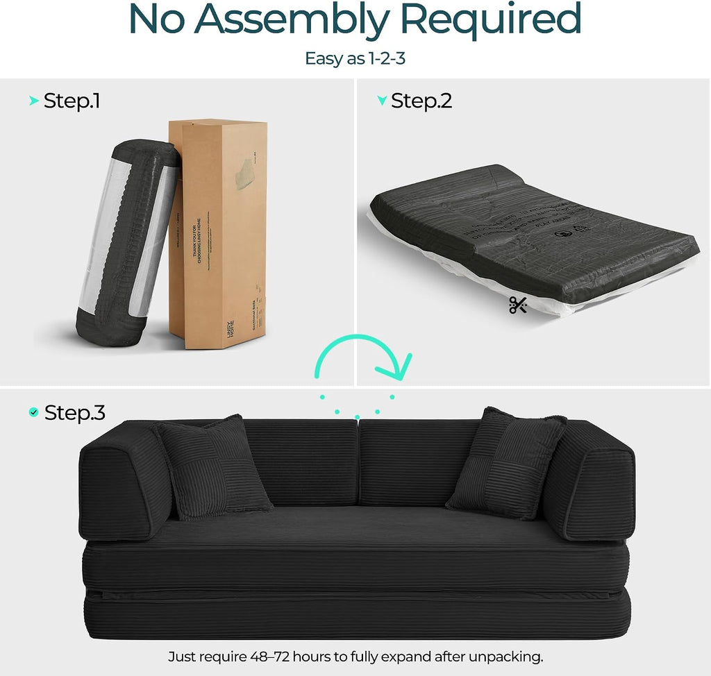 LINSY HOME Sofa Bed Couch - Convertible Boneless Couch Bed with 2 Pillow (Black) | Folding Sofa Bed